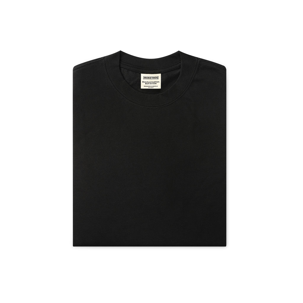 Iron Ethos V3 Graphic T-Shirt: A black short-sleeve T-shirt featuring a unique graphic design on the front, perfect for casual wear.
