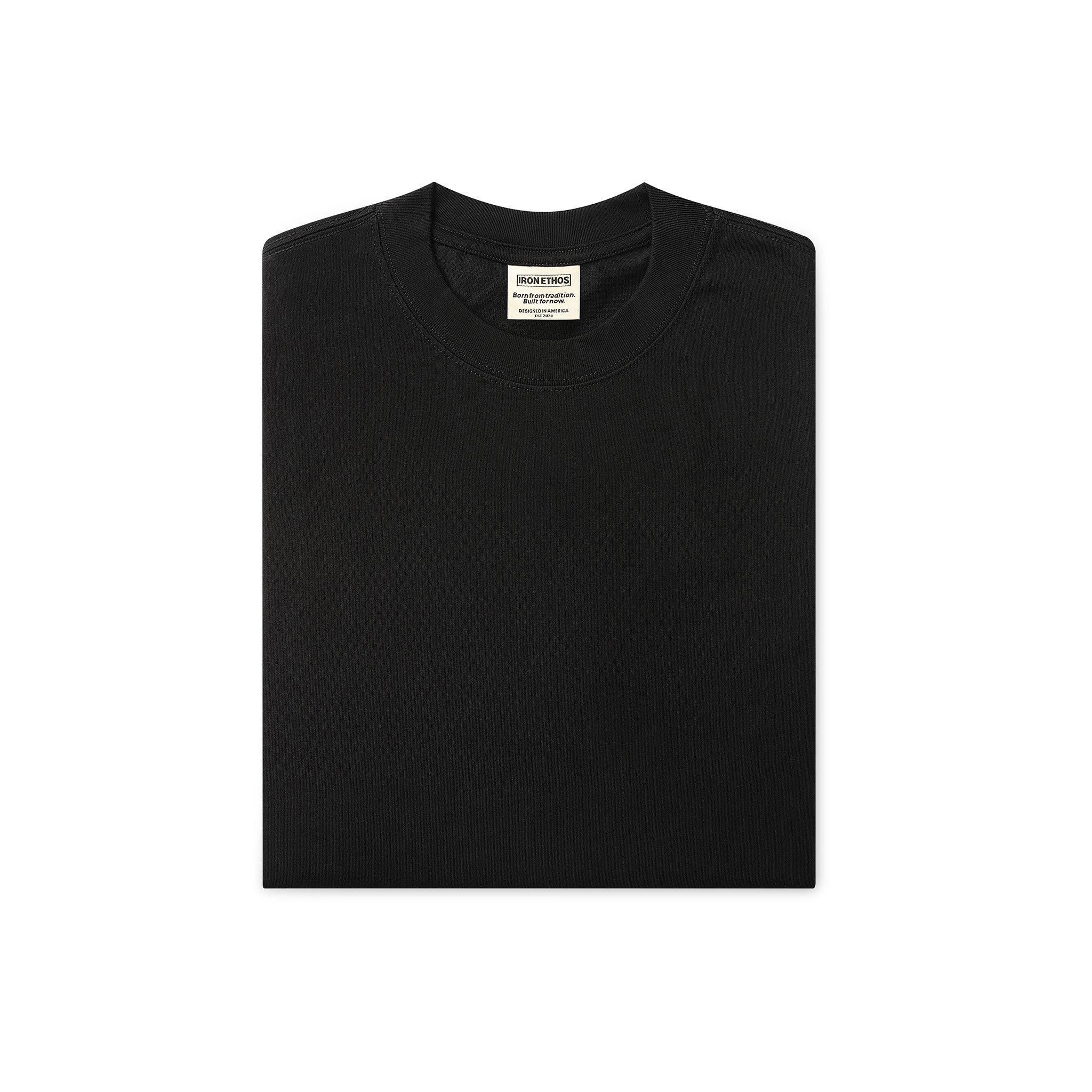 Iron Ethos V3 Graphic T-Shirt: A black short-sleeve T-shirt featuring a unique graphic design on the front, perfect for casual wear.