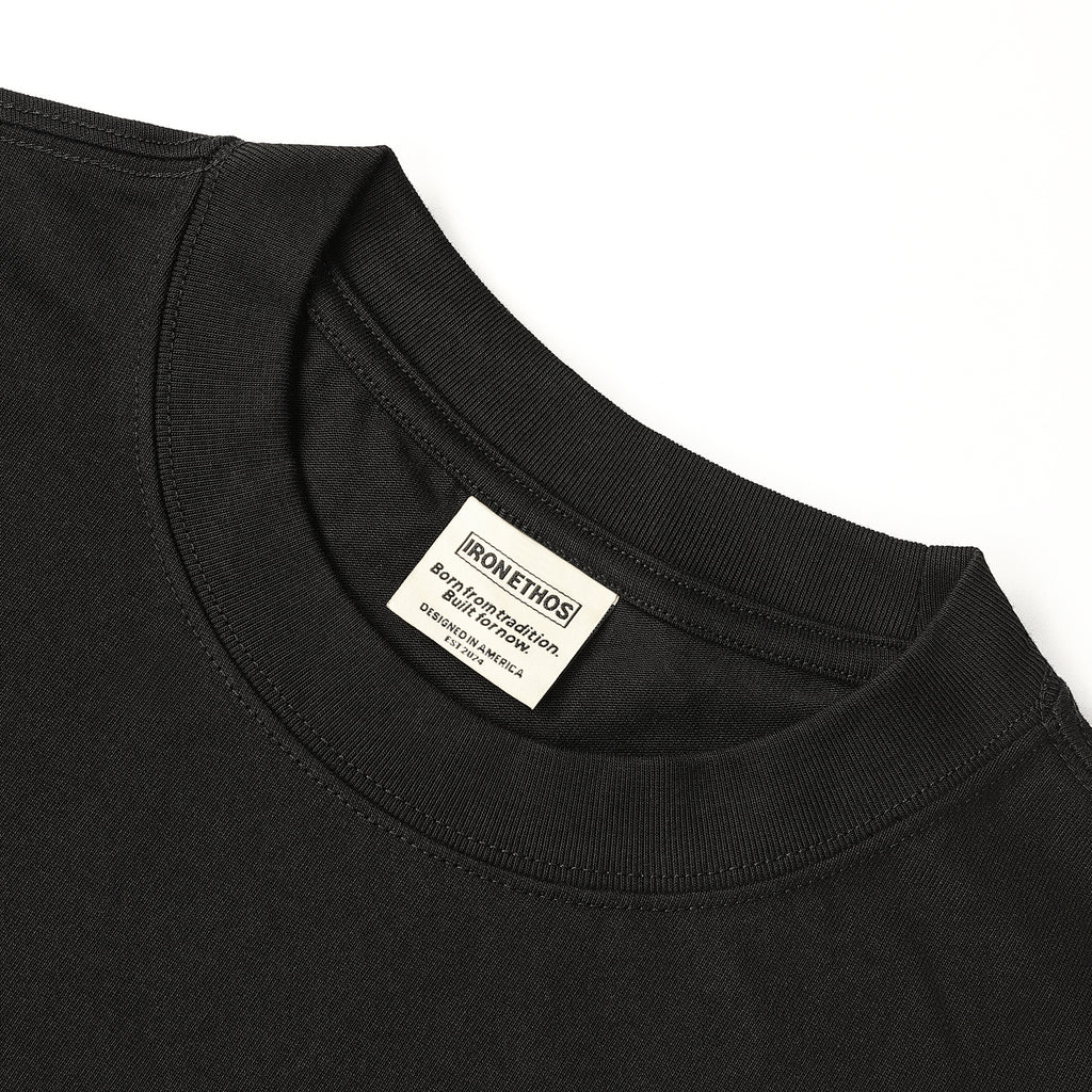 Iron Ethos V3 Graphic T-Shirt, Black Cotton T-Shirt, Close-up of the Neckline