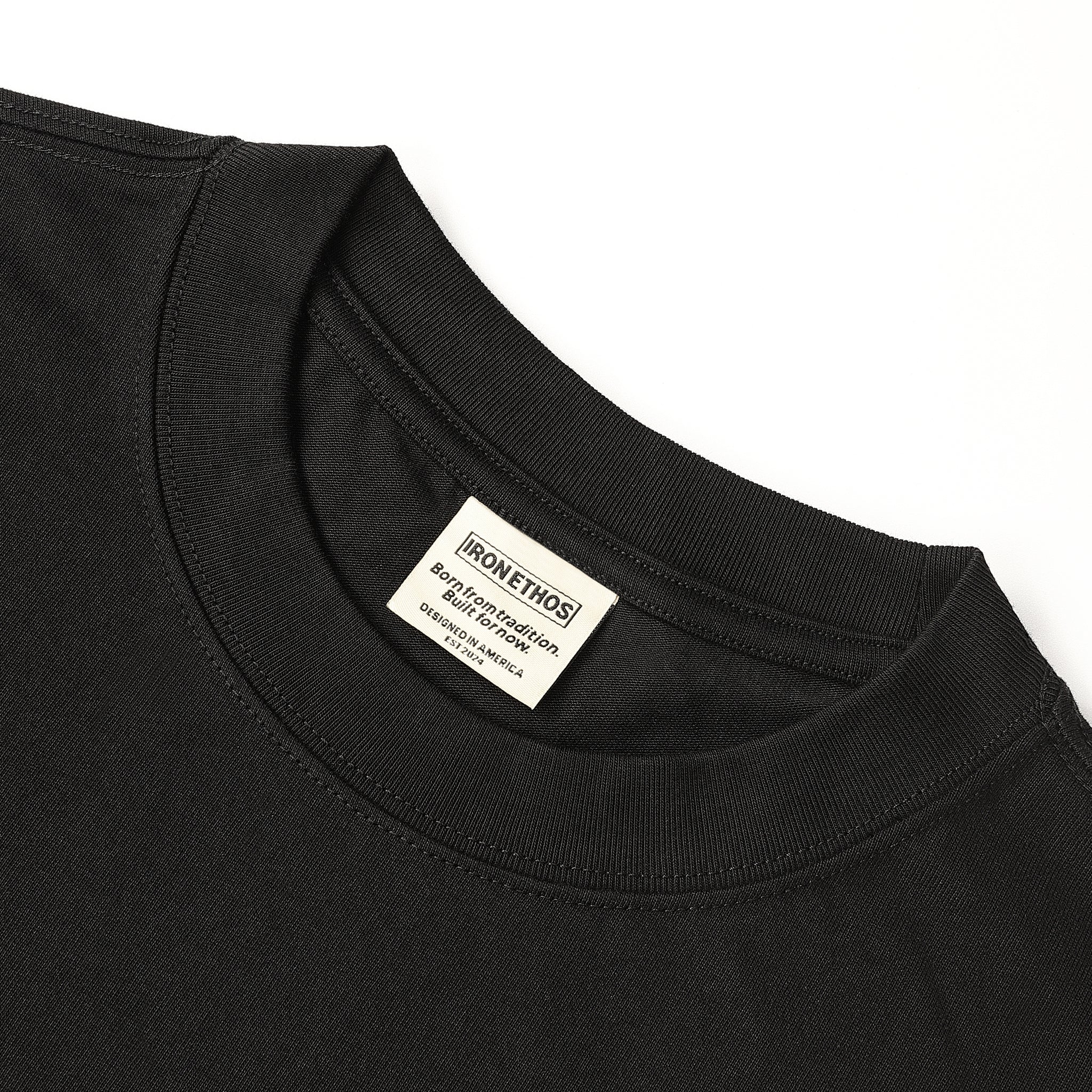 Iron Ethos V3 Graphic T-Shirt, Black Cotton T-Shirt, Close-up of the Neckline