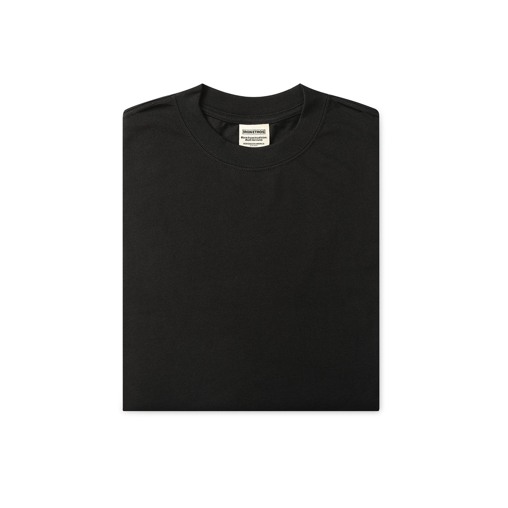 Iron Ethos Wordmark Tee, black short-sleeve T-shirt, detailed close-up.