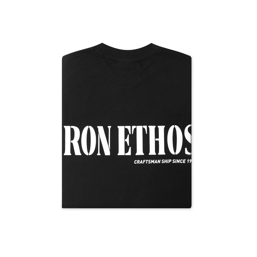 Iron Ethos Wordmark Tee, black short-sleeve T-shirt, close-up of the brand's wordmark.