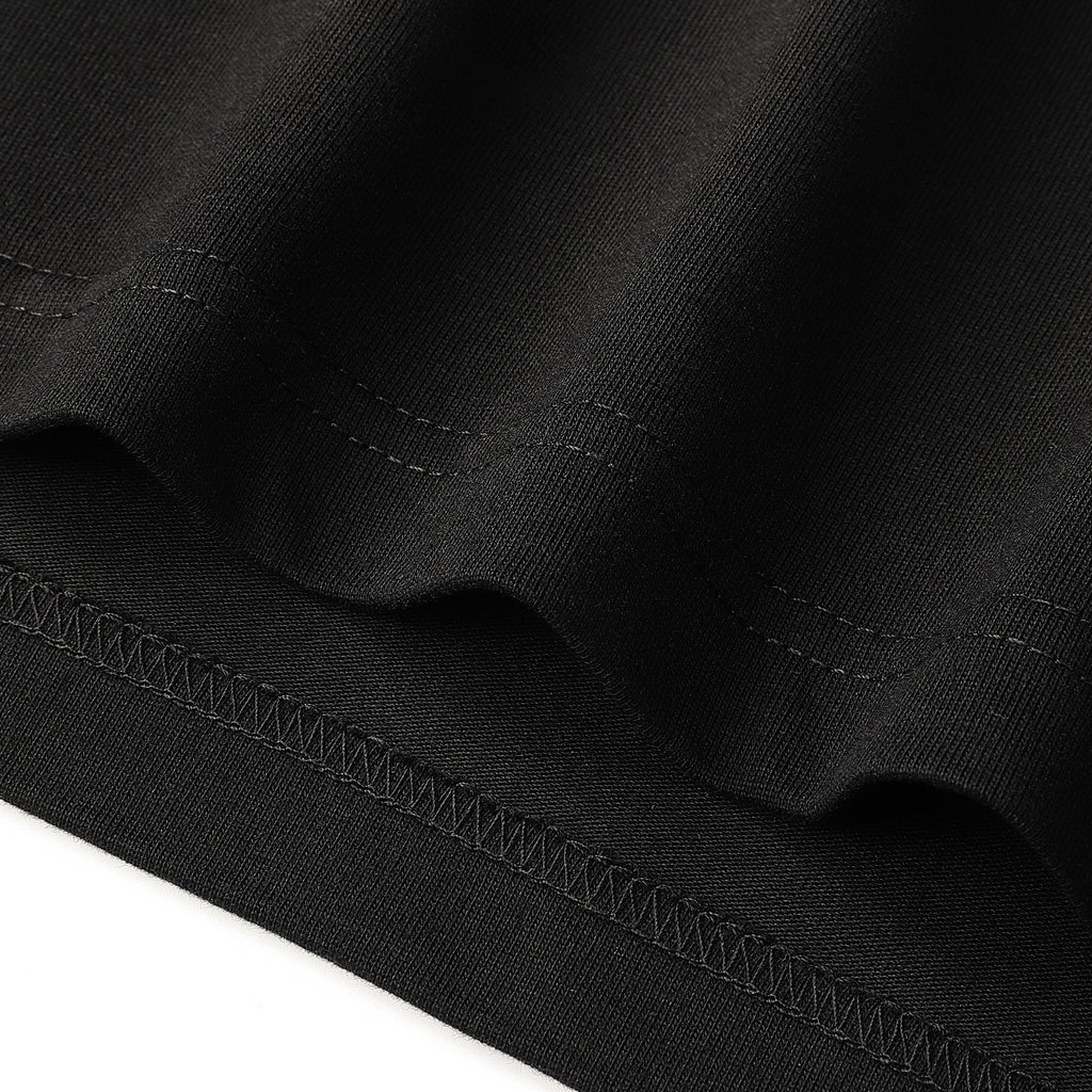 Iron Ethos Wordmark Tee, black short-sleeve T-shirt, close-up of stitching details.